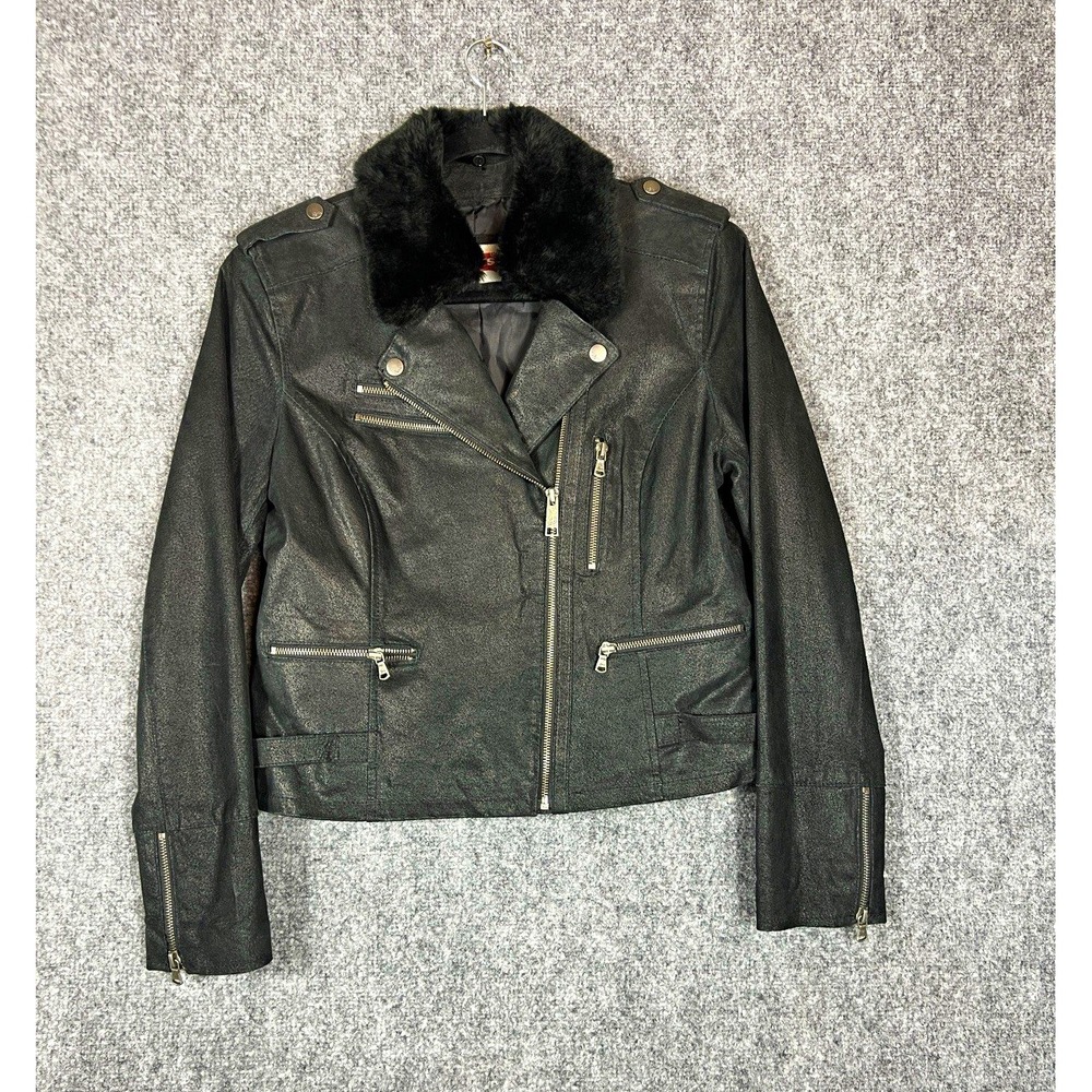 Levi's Women's Black Faux Leather Moto Jacket Lined Faux Fur Collar Zip S/M